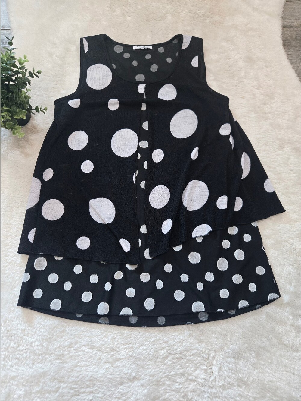 Violet Ruby Black & White Polka-Dot Double Layer Flowy Mod Sleeveless Tank, M